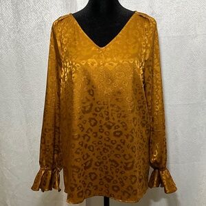 Bar III Satin Leopard Print Blouse M Gold Ruffle Cuff Long Sleeve Top NWT
